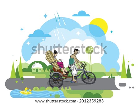 Illustration of cycle Rickshaw with passenger in the village road