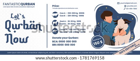 Banner vector islamic for Let`s Qurban now and donate your Qurban. Illustration price list for Qurban or sacrifice. EPS 10