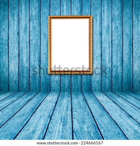 blue wood perspective background with frame photo in room interior.