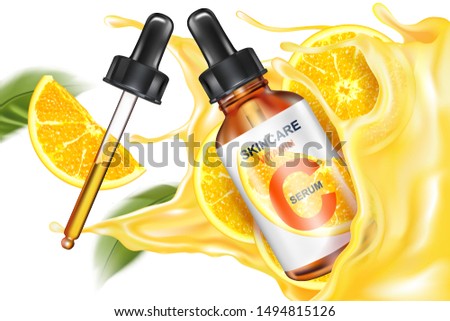 Skin care vitamin C serum packaging with Lemon juice splashing ads, isolated on white background. Season sweet of tropical fruits. Realistic vector 3D illustration. Foto stock © 