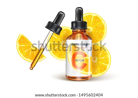 Skin care vitamin C packaging with lemon slice of pieces isolated on white background. Season sweet of tropical fruits. Realistic vector 3D illustration. Foto stock © 