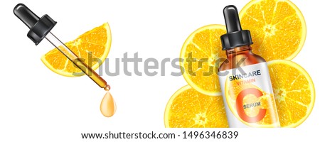 Skin care vitamin C packaging with Lemon slice of pieces ads, isolated on white background. Season sweet of tropical fruits. Realistic vector 3D illustration. Foto stock © 