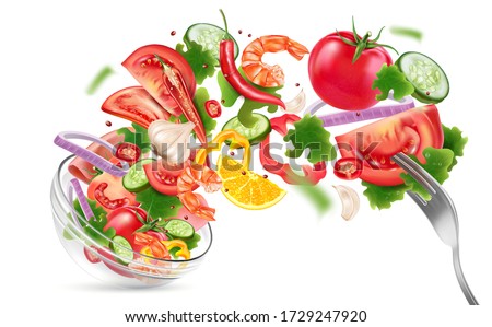 Salad of bowl explosion with Red chili pepper, tomatoes, lime, garlic splashing elements isolated on white background. Vector realistic in 3D illustration.