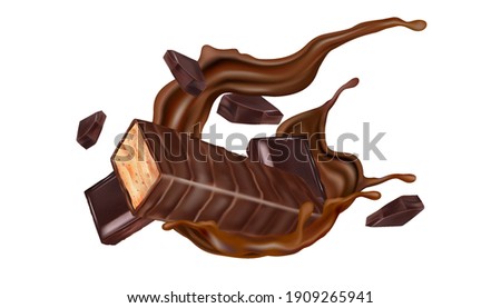 Chocolate wafer with chocolate splashing in the middle isolated on solid color background. Vector realistic in 3d illustration.