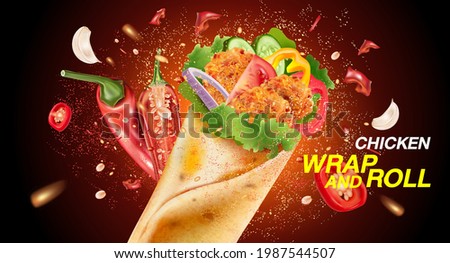 Spicy fried chicken wrap and roll with red chili splashing on solid color background, Vector realistic in 3D illustration.