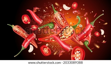 Red chili pepper with chili splashing elements ads isolated on solid color background, Vector realistic in 3D illustration.