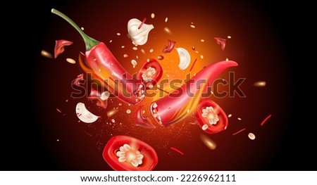 Red chili pepper on fire with chili splashing elements ads isolated on solid color background, Vector realistic in 3D illustration.