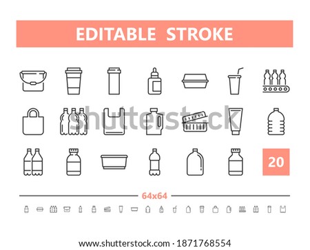 Plastic packaging 20 line icons. Vector illustration in line style. Editable Stroke, 64x64, 256x256, Pixel Perfect.