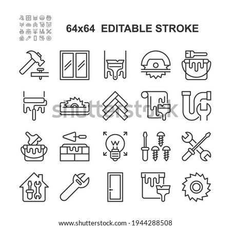 Set of Home Repair Line Icons. Vector Illustration. Editable Stroke, 64x64 Pixel Perfect.