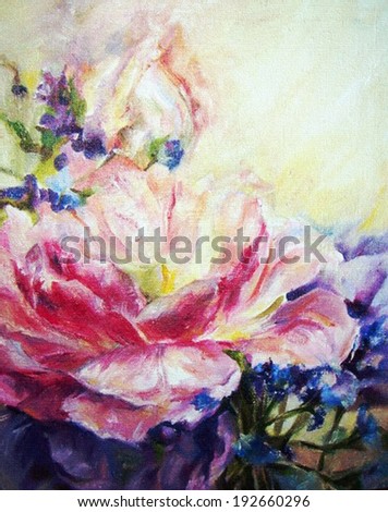 Delicate bouquet of pink and blue flowers, painted in oil on canvas. Pink petals with purple and white shades disclosed on blue and violet background.