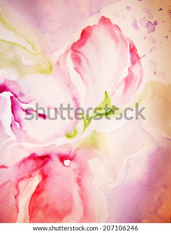 Beautiful bright abstract flowers in violet, pink and purple colors. Watercolor on paper.
