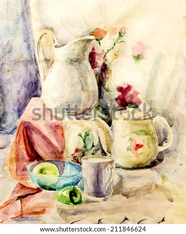 Delicate watercolor still life in warm colors, with white china ,vegetables  and fabrics with flowers