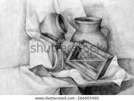 Classic academic drawing - still life of various household items, textures and fabrics.