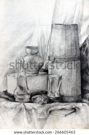 Classic academic drawing - still life of various household items, textures and fabrics.