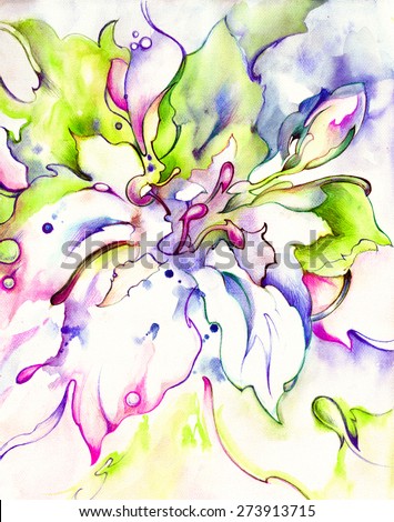 Beautiful unusual flower in blue, purple,pink, purple and green tones. Hand drawing - watercolor on paper.