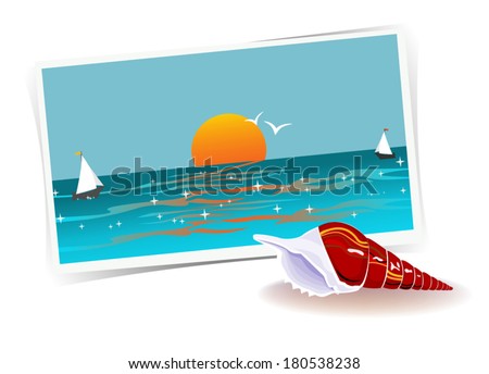 Remembering Of Vacations. Illustration with photo of ocean and shell, memories about past vacation. Traveling theme series. Vector file is layered EPS8, all elements are grouped.