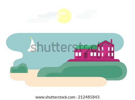House near ocean. Vector illustration of landscape with villa, beach, sun in the sky and cute sailboat. Traveling theme series. Flat style. Vector file is EPS8, all elements are grouped.