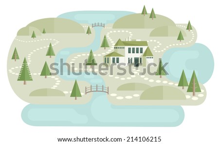 Illustration of landscape with house near river between pine trees. Big country house, abstract trees and bridges. Cute pathways between hills. Traveling theme. Map elements. Flat style. Vector EPS8.