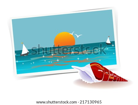 Remembering of vacations. Raster illustration of composition with photo of ocean and shell, nice memories about past vacation. Traveling theme series.