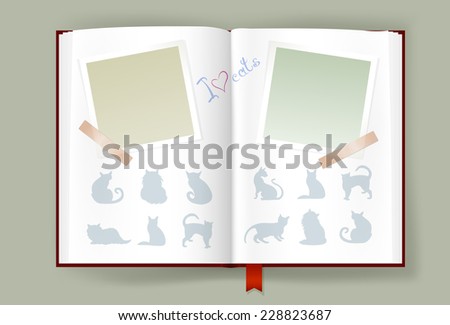 Overhead view on opened photo album with blank photo frames. Cats silhouettes and hand drawn text. Scrapbook template. Copy space. Vector is EPS10. Transparency effects and gradient meshes used.