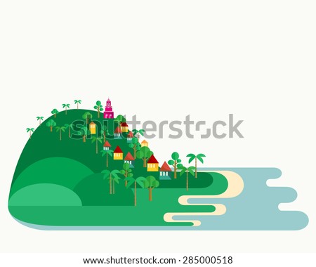 Somewhere in Cuba. Illustration of abstract Caribbean landscape with beach and small tropical village at the hills between evergreen trees. Sandy coastline near blue ocean. Map elements. Vector EPS8.
