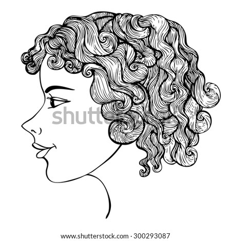 Girl With Curly Hair Ink Drawing. Hand Drawn Sketch With Head Of Young ...