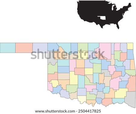 Colorful map of Oklahoma showing the boundaries of its counties