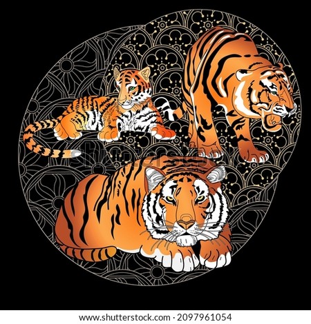 Tigers on linear background vector illustration. Can be used for postcards and T-shirt printing