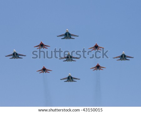 MOSCOW - MAY 9: large group of battle-planes participating in winning parade on Red Square on May 09, 2008 in Moscow, Russia.