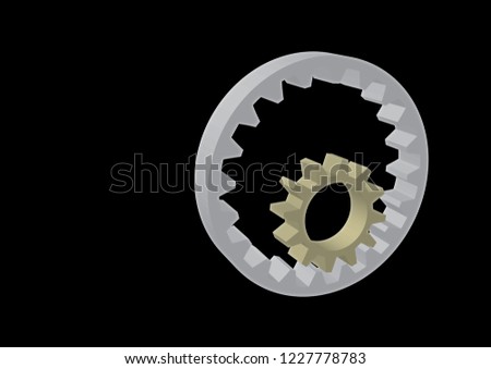 3d vector illustration of two gears in different colors isolated on black background. A gear moving inside another gear. Industrial and engineering solution concept. Transmission gear. CAD icon.