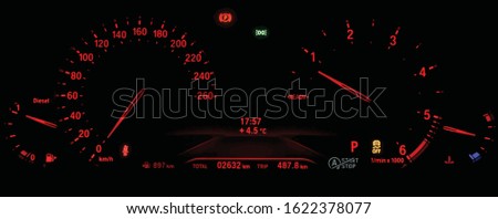 Illustration of red illuminated instrument cluster with speedometer, tachometer, odometer, fuel and temperature gauge, seat belt reminder, traction control icon. Luxury car dashboard panel at night.