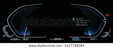 Illustration of empty illuminated car dashboard panel concept. Modern digital LCD instrument cluster without gauge needles and digits. Close up of two blank speedometer and tachometer circle dials.