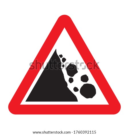 Falling rocks or debris warning road sign. Vector illustration of landslide caution traffic sign. Attention red triangle mark isolated on white background.