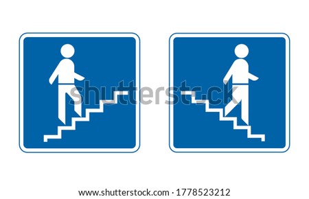 Pedestrian overpass and pedestrian underpass traffic sign. Stairs up and down road sign set. Man on stairs going up and going down. Information about type of crossing road.
