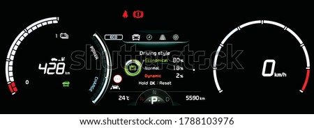 Illustration of modern LCD instrument cluster with driving style display in center. Car dashboard panel with speedometer, odometer and battery range display in full electric vehicle. Driver scoring.