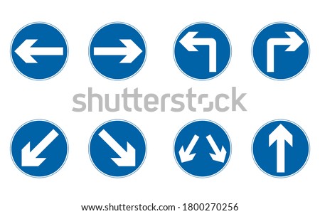 Arrow road sign set. Vector illustration of different arrow traffic signs. Blue circle boards with white symbol inside. Mandatory round signs at junctions. Giving orders to drivers.