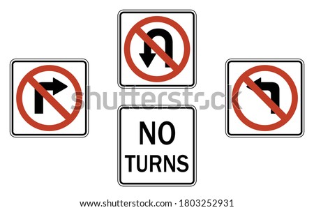 Red circle prohibition road sign set. No left turn, no right turn, no U-turn. Turn and turning back is forbidden. Vector illustration of traffic sign isolated on white background.