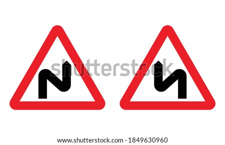 Double bend or series of bends ahead road sign. First to the right, first to the left. Vector illustration of red triangle warning traffic sign with curved arrow icon inside. Sharp curves turns symbol