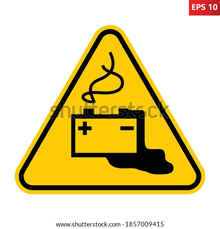 Dangerous batteries warning sign. Vector illustration of yellow triangle warning sign with battery icon inside. Caution dangerous battery acid. Battery leak symbol used in industry.