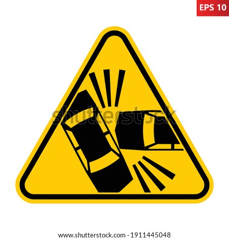 Caution car accident sign. Risk of vehicles crash warning sign. Vector illustration of yellow triangle sign with car crash icon inside. Vehicles collision symbol. Dangerous zone. Transportation wreck.