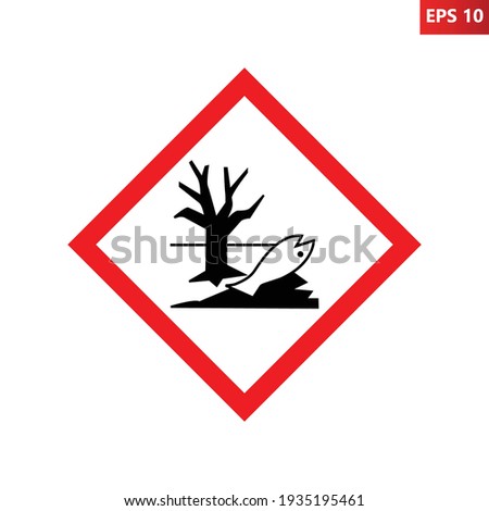 Dangerous for the environment warning sign. Vector illustration of red border square sign with dead fish and tree icon inside. Environmental pollution symbol. Caution danger zone. Contamination beware