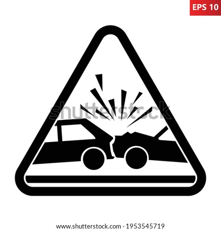 Caution car accident sign. Risk of vehicles crash warning sign. Illustration of black and white triangle sign with car crash icon inside Vehicles collision symbol. Dangerous zone. Transportation wreck