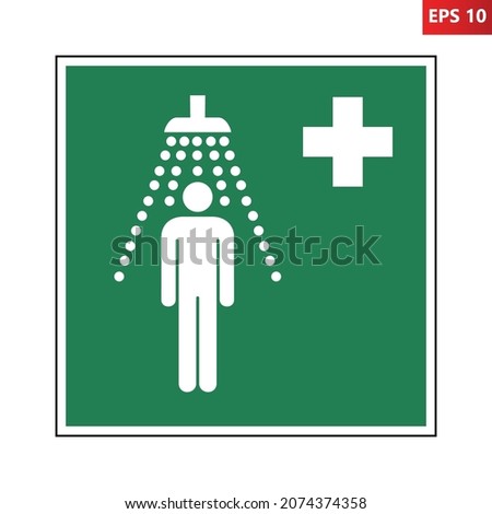 Safety shower sign. Vector illustration of green square sign with man having shower icon inside. Indicator isolated on background. Emergency equipment. Accident exposure to chemicals symbol.