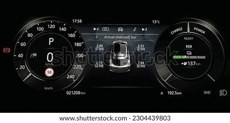 TPMS (Tyre Pressure Monitoring System) display on car dashboard panel. Checking tires pressures. Full digital car cluster with speedometer and odometer. Electric vehicle EV. Vector illustration.