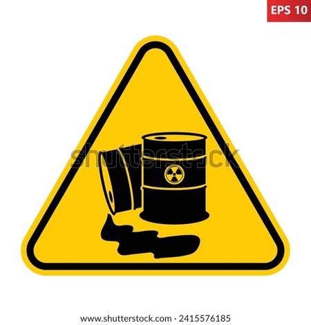 Radioactive waste warning sign. Caution hazardous waste symbol. Vector illustration of yellow triangle sign with toxic barrels icon inside. Risk of contamination. Exclusion zone. No entry.