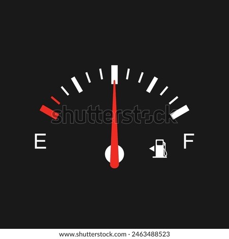 Fuel gauge with warning to indicate low fuel level. Vector illustration of classic gas tank indicator on car dashboard panel. Half tank of gasoline. 