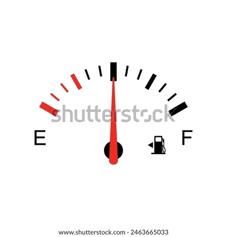 Half tank of gasoline. Fuel gauge with warning to indicate low fuel level. Vector illustration of classic gas tank indicator on car dashboard panel. Energy shortage concept.