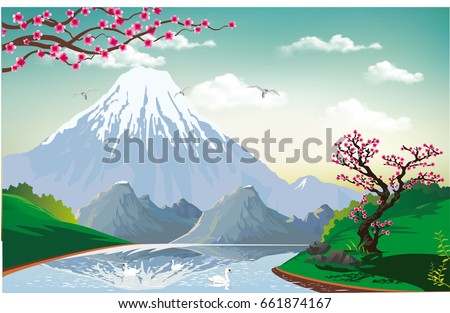 Landscape - Sakura on the river Bank. The volcano and the rocky mountains. Swans on the river. Vector illustration