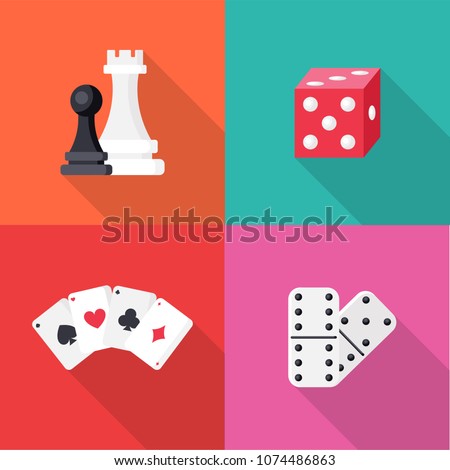 Set of Board games in flat style isolated on colorful background. Collection of Simple Chess, game cards, Dominoes and dice in flat style, vector illustration. Can be used in web and mobile design.