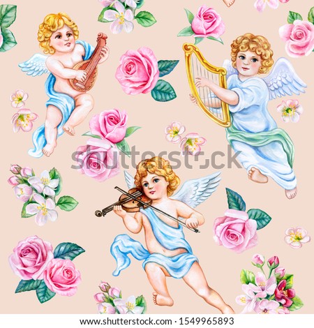 Vintage samless pattern with angels and flowers. Cute cupid amur with musical instruments. Spring flowering, roses. Beige delicate background. Wallpaper. Watercolor. Template